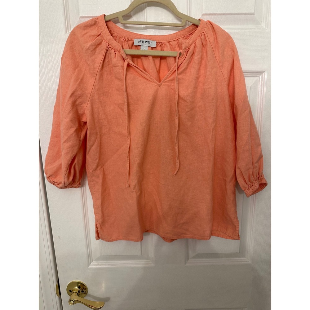 Nine West Jeans Peach Coral Linen Blend Tie Neck Peasant Blouse Top Medium